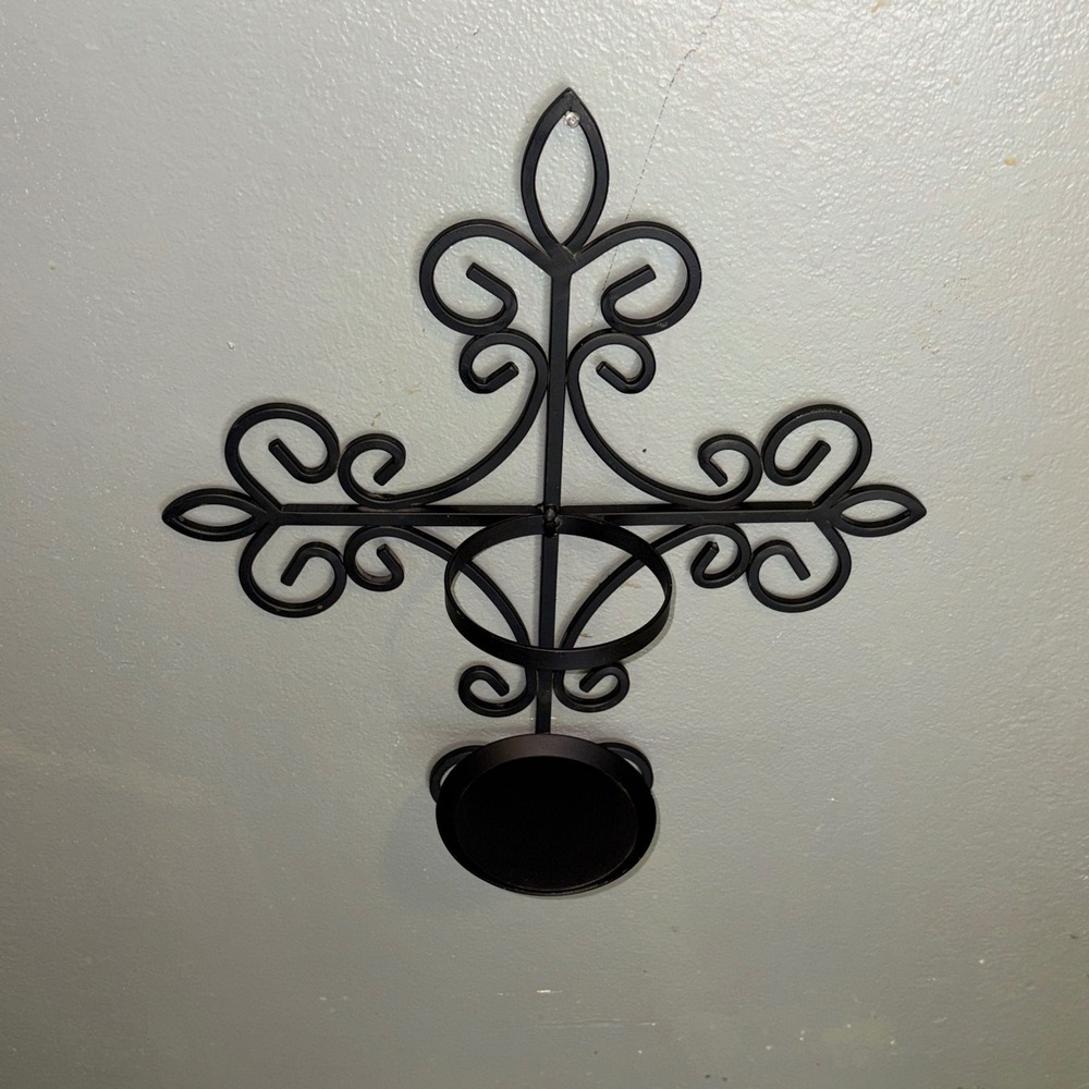 Black Wrought Iron Fleur De Lis Cross Wall Sconce Pillar Candle Holder 19in - Picture 7 of 16